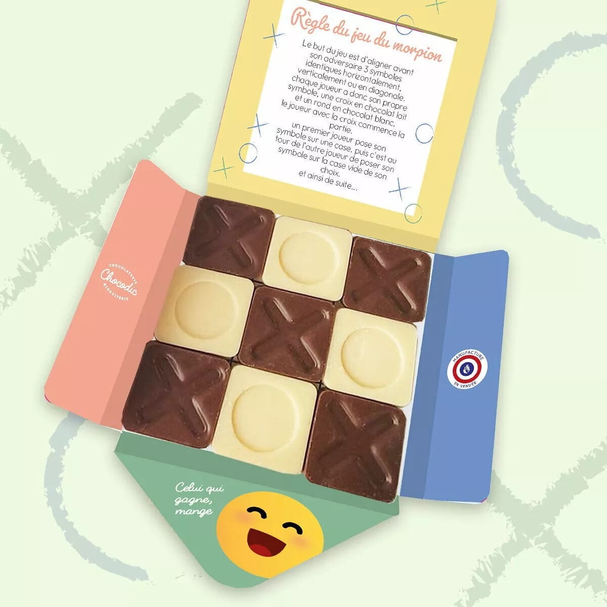 Plateau de morpion avec pions en chocolat au lait et chocolat blanc – Jeu comestible ludique
