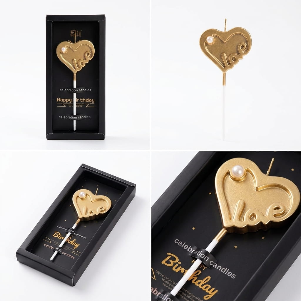 Bougie cœur doré love plantée sur un gâteau d'anniversaire pour Saint-Valentin