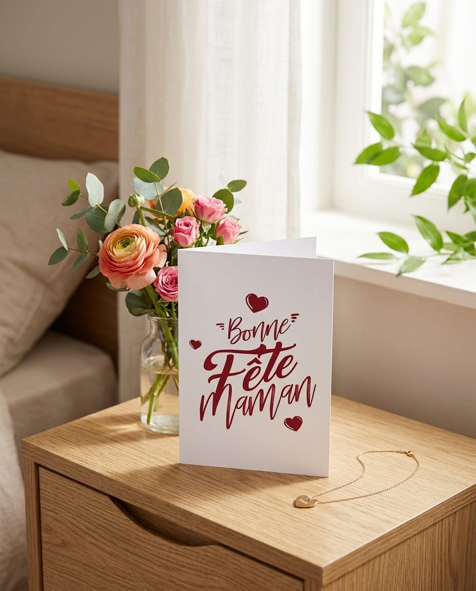 Carte de vœux blanche avec calligraphie rouge "Bonne Fête Maman" et petits cœurs, enveloppe rouge en arrière-plan.