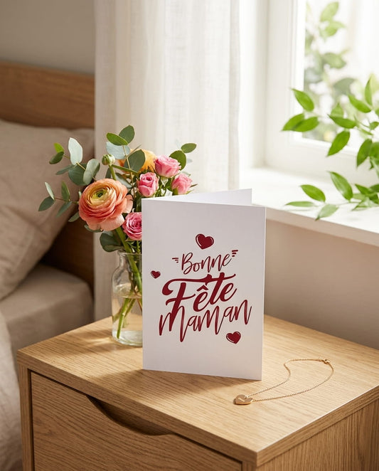 Carte de vœux blanche avec calligraphie rouge "Bonne Fête Maman" et petits cœurs, enveloppe rouge en arrière-plan.