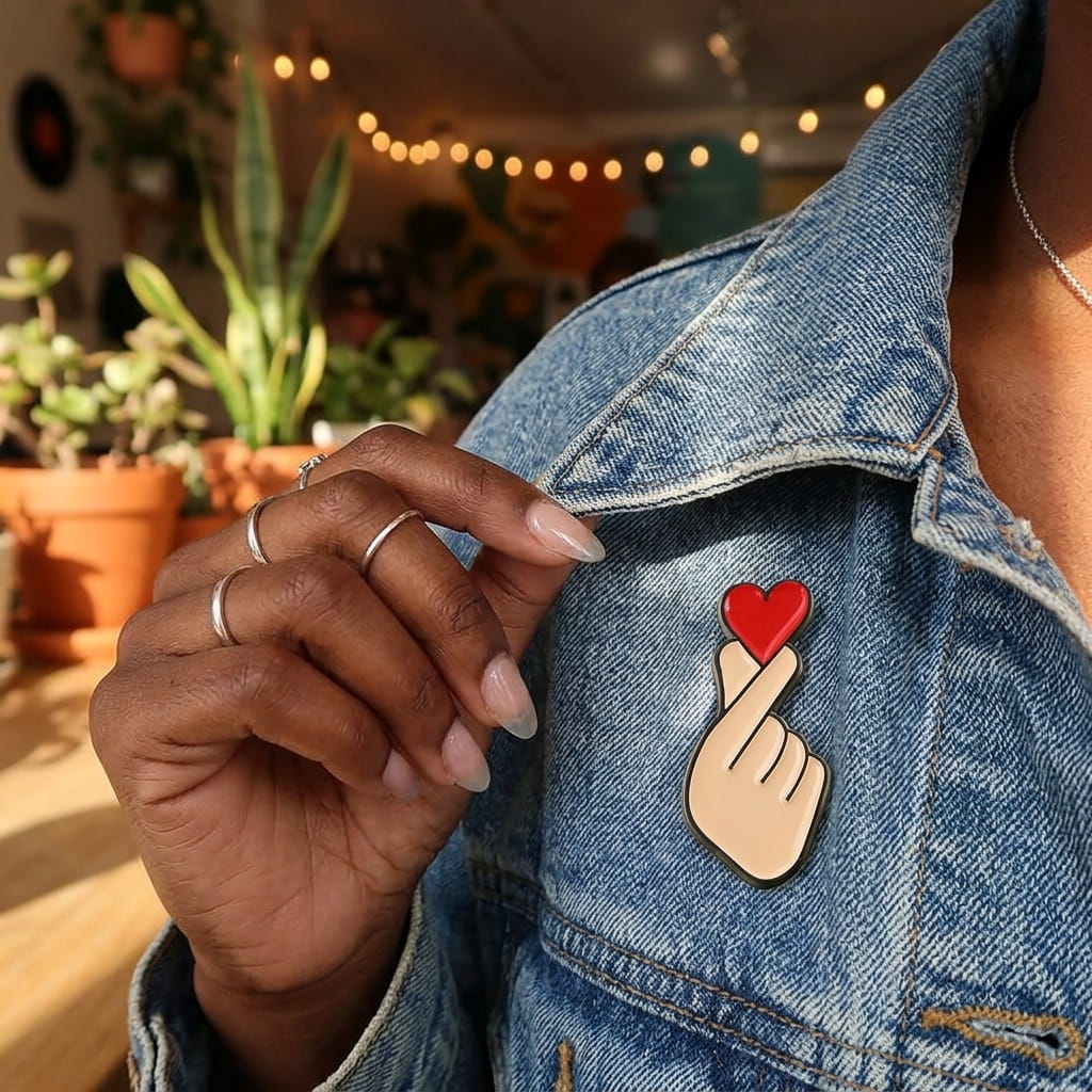Plan détaillé sur une main de femme tenant le col de sa veste en jean bleu pour mettre en valeur le pin's Finger Heart (cœur avec les doigts). Bijoux fins et bagues en argent visibles.