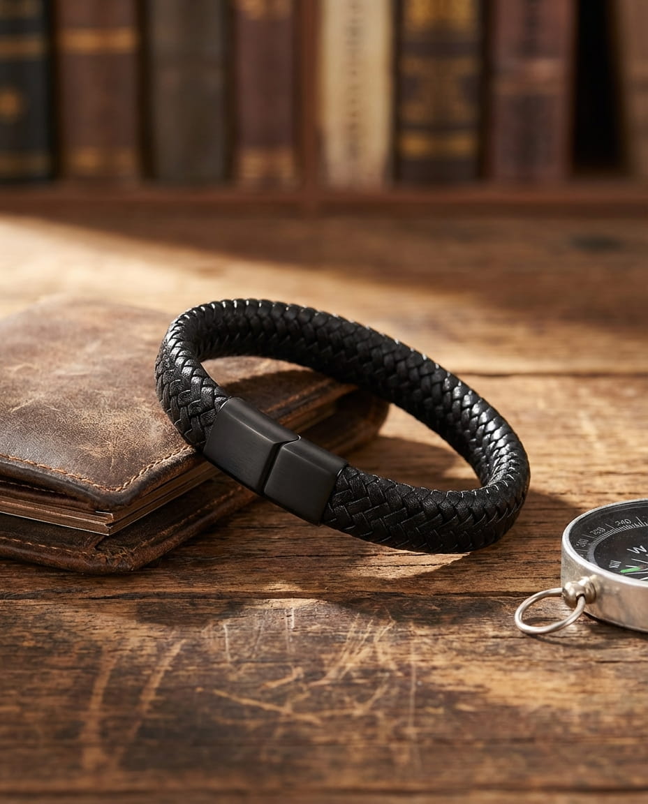 bracelet homme cuir noir tressé avec fermoir magnétique