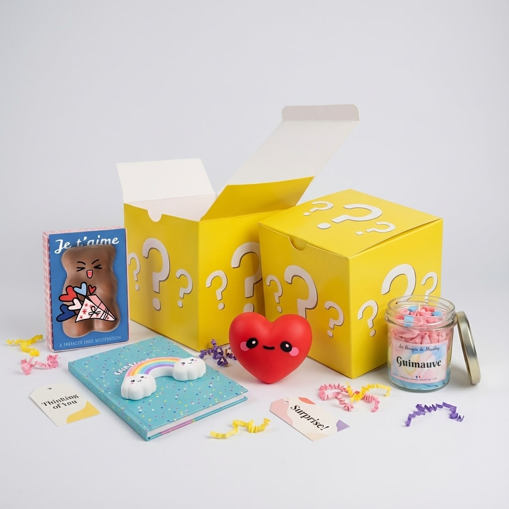 Coffret cadeau surprise jaune “?” avec carnet arc-en-ciel, bougie parfum guimauve et accessoires kawaii.