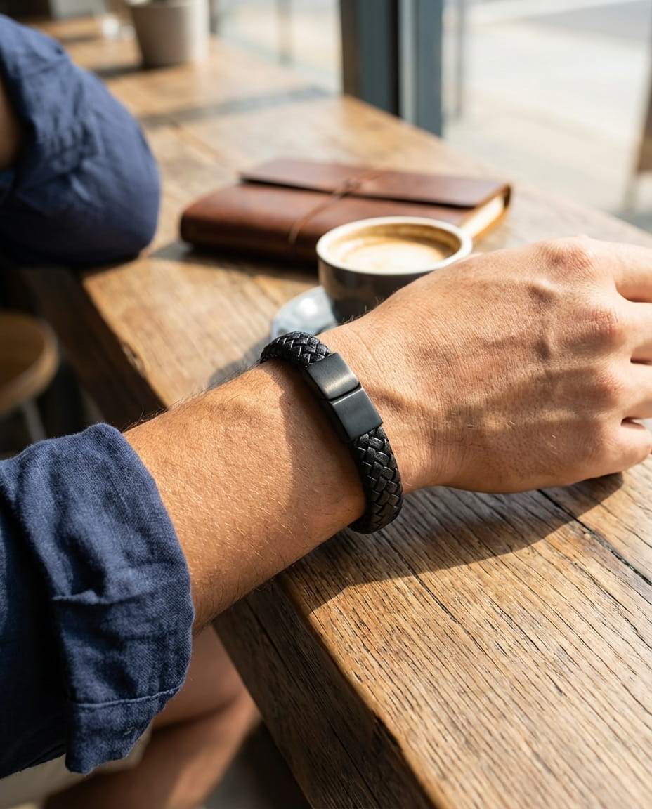 bracelet homme cuir noir tressé porté au poignet style moderne