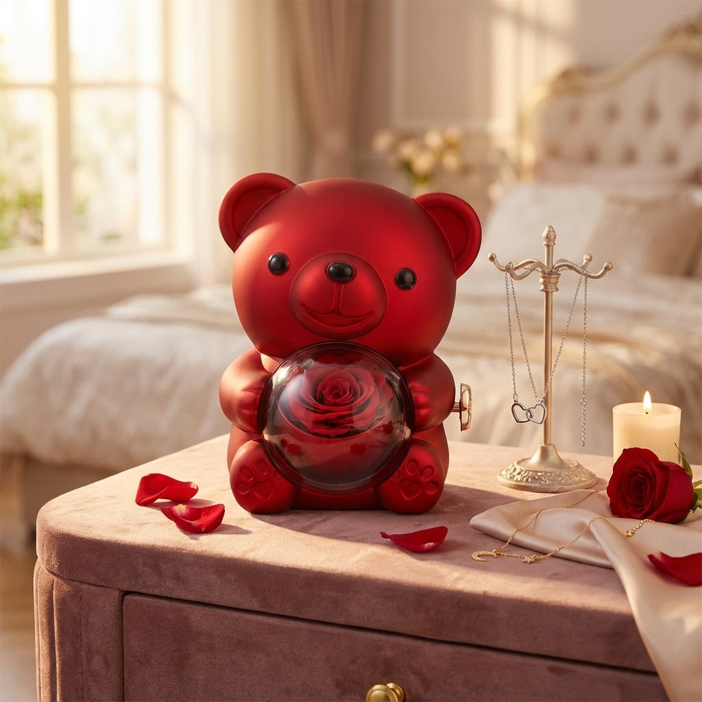 Coffret Ourson & Rose Éternelle avec Collier - Lune de cœur 