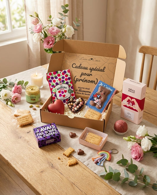 Coffret cadeau Lune de Cœur rempli de surprises : chocolats, ourson en chocolat, biscuits French Biscuit, bonbons, bougie et soins gourmands. Box personnalisée prête à offrir pour anniversaire, merci ou attention spéciale.