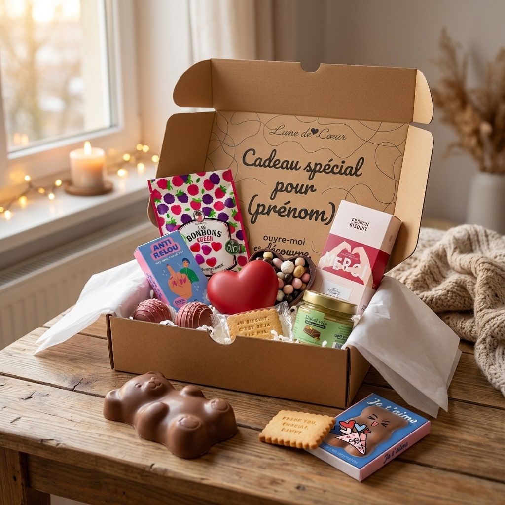 Box cadeau Lune de Cœur en ambiance romantique, contenant bonbons, chocolats, biscuits personnalisés, ourson en chocolat, pistache à tartiner et petits cadeaux mignons. Coffret surprise personnalisé idéal pour faire plaisir.