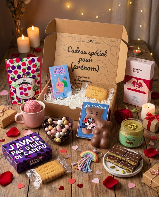 Box cadeau Lune de Cœur ouverte avec friandises, biscuits personnalisés, chocolat en forme de cœur, bonbons vegan et petits cadeaux originaux, présentée sur une table en bois avec fleurs et décoration. Coffret cadeau personnalisé prêt à offrir.