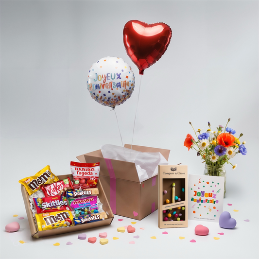 Ouverture de la box anniversaire surprise avec ballons joyeux anniversaire et cœur