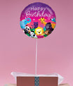 Détail du ballon Happy Birthday violet décoré d’animaux de la jungle (lion, singe, panda), cadeau anniversaire original en box.