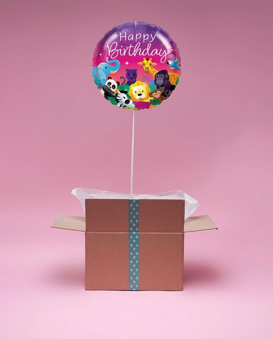 ballon Happy Birthday violet décoré d’animaux de la jungle (lion, singe, panda), cadeau anniversaire original en box.