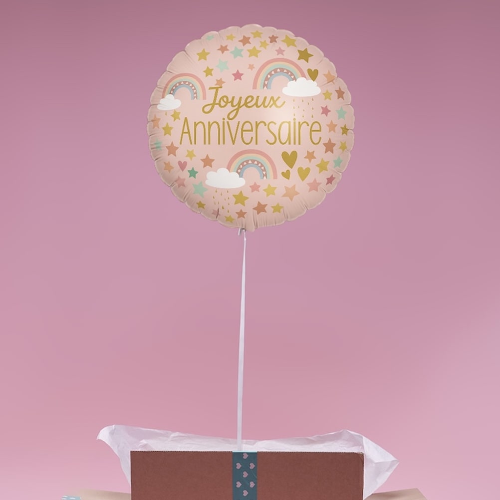 Ballon hélium Arc-en-Ciel pastel Joyeux Anniversaire avec étoiles et nuages.