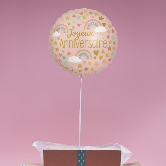 Ballon hélium Arc-en-Ciel pastel Joyeux Anniversaire avec étoiles et nuages.