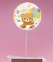 Zoom sur le ballon Welcome Baby décoré d’un ourson, cadeau naissance livré en box surprise.