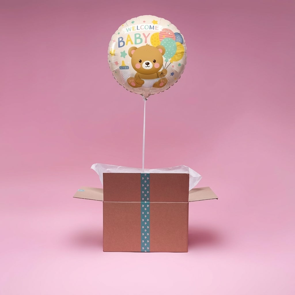 allon Welcome Baby avec ourson flottant dans une box cadeau ouverte