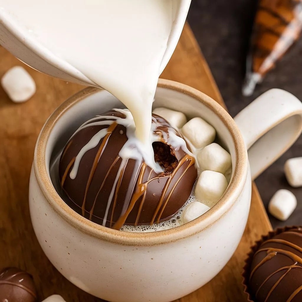 Bombe chocolat Spéculoos avec mini-guimauves autour d’une tasse de lait chaud