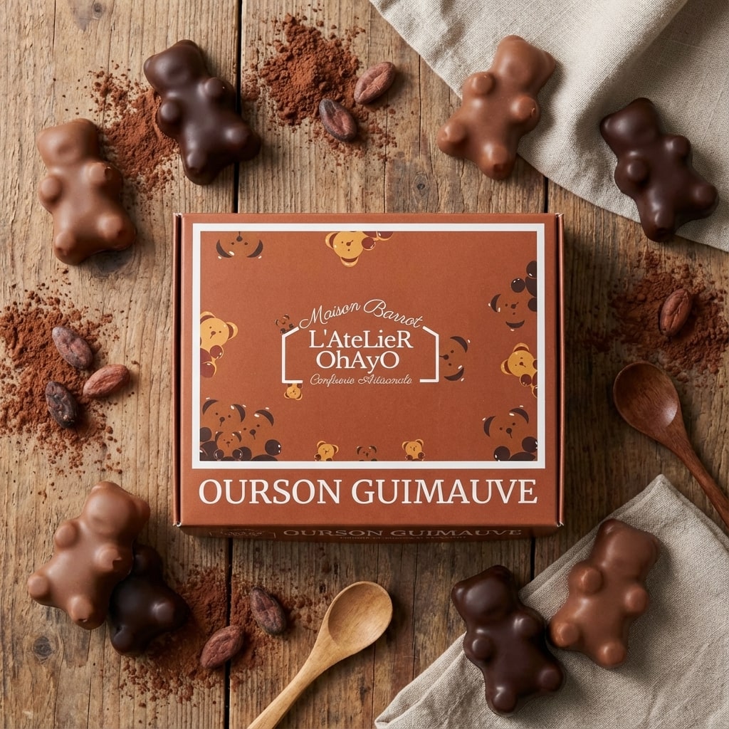 Boîte d’oursons en guimauve artisanale enrobés de chocolat noir et chocolat au lait, coffret gourmand fabrication française
