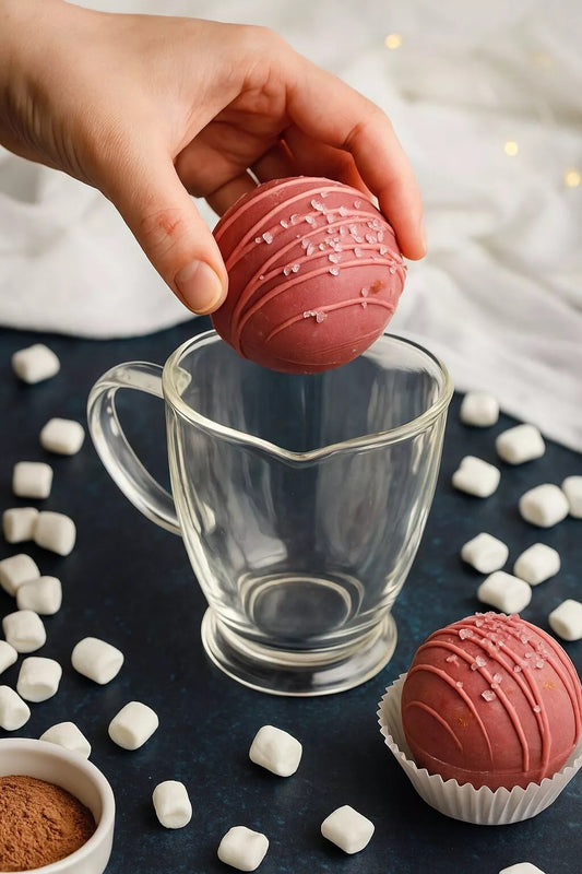 Bombe de chocolat Ruby tenue au-dessus d’une tasse vide avec guimauves autour