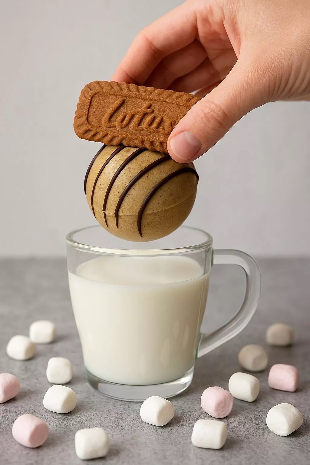 Bombe de chocolat chaud au Spéculoos tenue au-dessus d’une tasse de lait