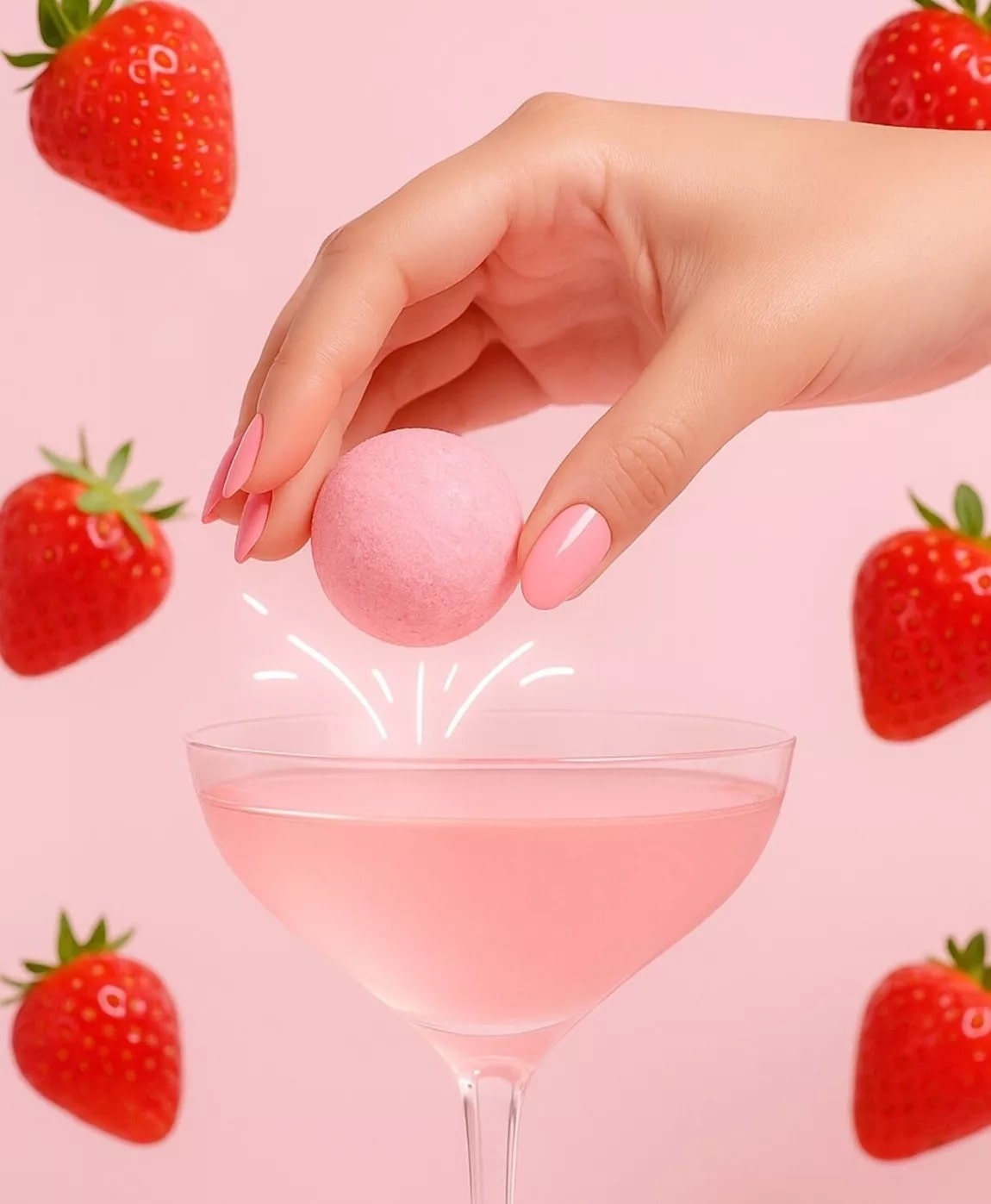 Bombe à cocktail fraises des bois tenue au-dessus d’un verre rose