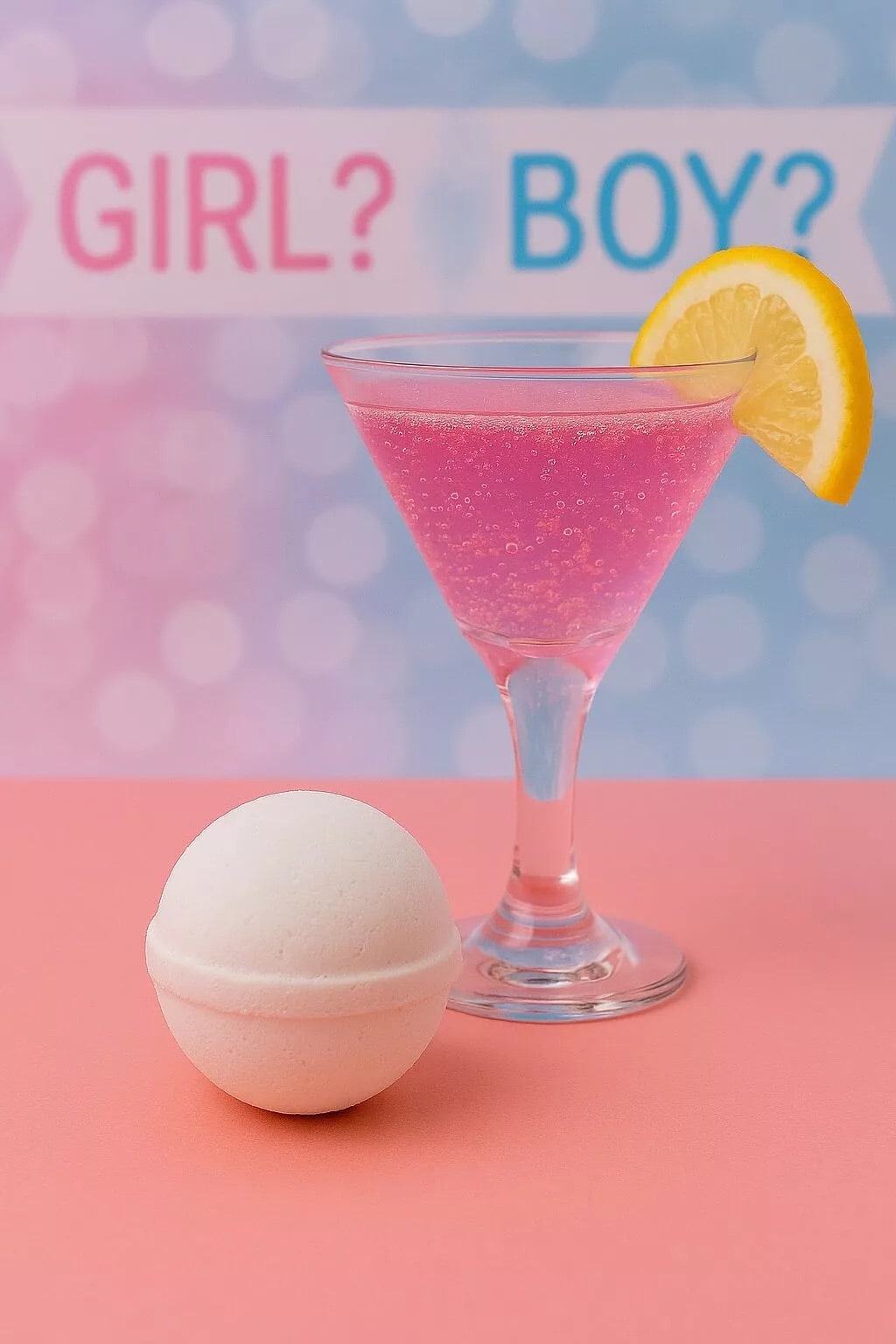 Bombe à cocktail révélation bleue posée devant un verre de cocktail et l’inscription Girl Boy