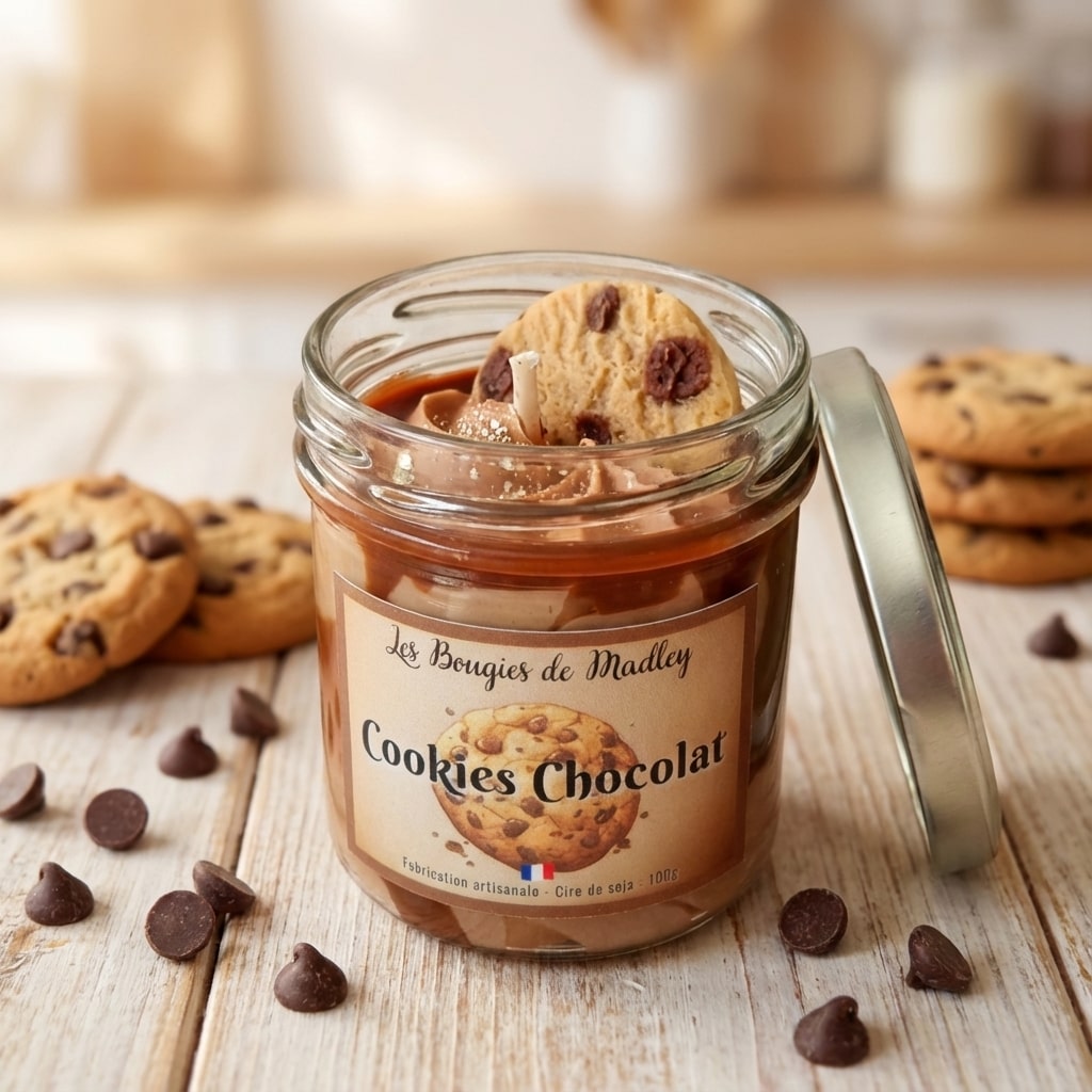 Détail bougie Cookies Chocolat - décoration gourmande et mèche coton