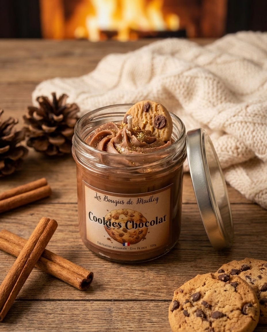 Bougie Cookies Chocolat allumée - ambiance cocooning et pâtisserie
