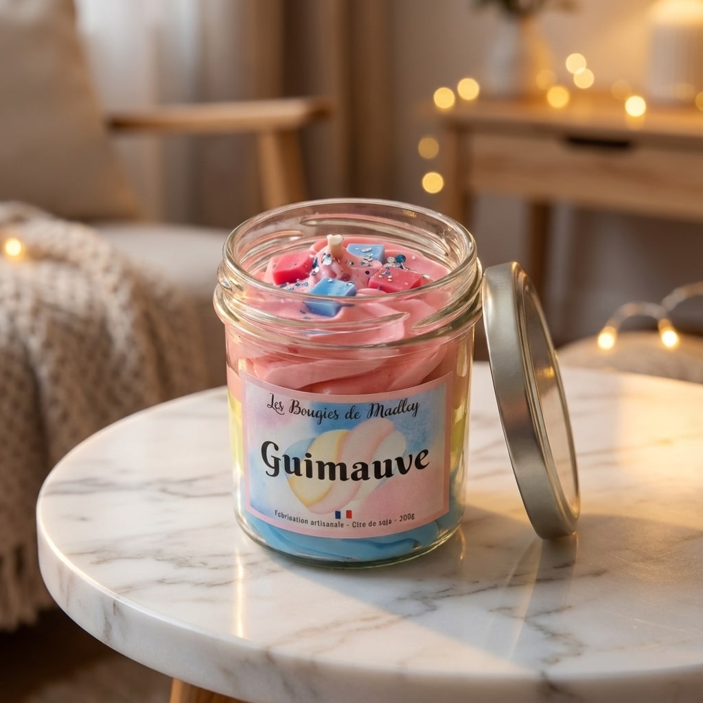 Bougie artisanale guimauve dans pot en verre