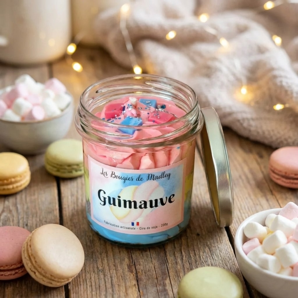 Bougie parfumée guimauve cire rose décorée