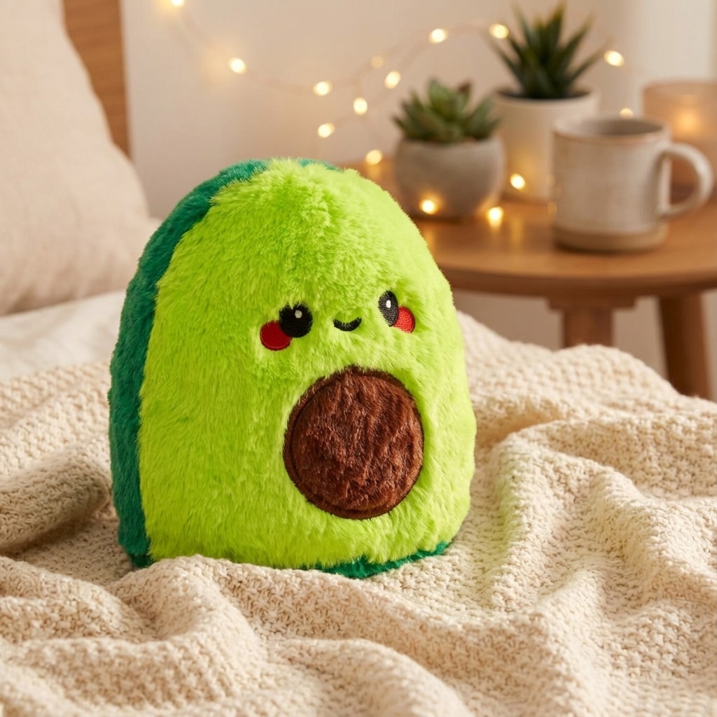 Bouillotte peluche avocat chauffante posée sur une couverture près d’une tasse chaude