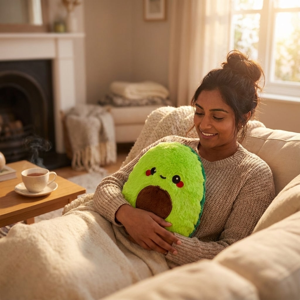 Femme utilisant une bouillotte peluche avocat sur un canapé dans une ambiance zen