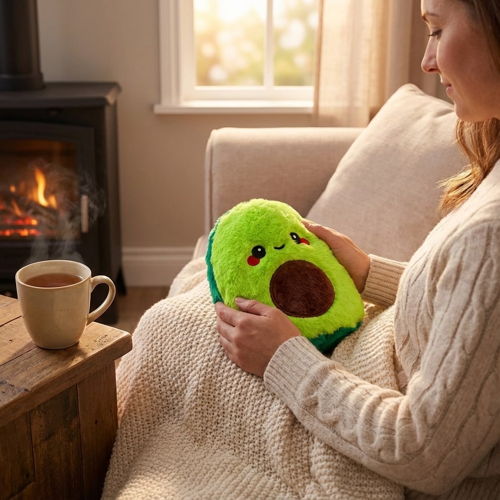 Femme tenant une bouillotte peluche avocat pour un moment de détente