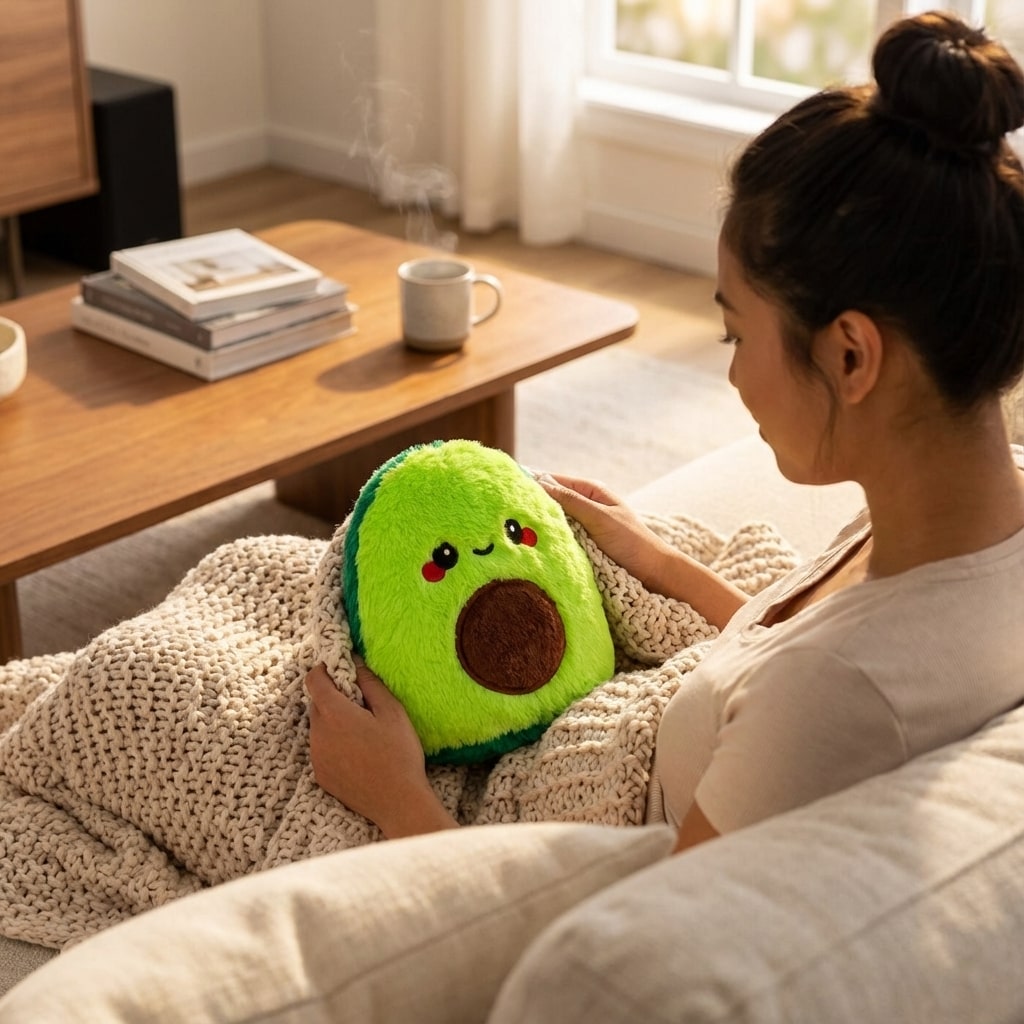 Femme tenant une bouillotte peluche avocat pour un moment de détente