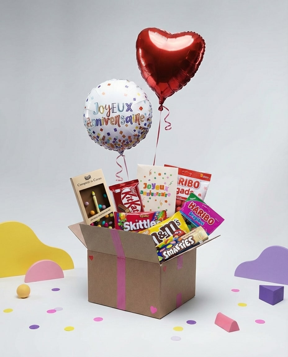 Contenu de la box anniversaire premium avec ballons, gourmandises et carte à semer