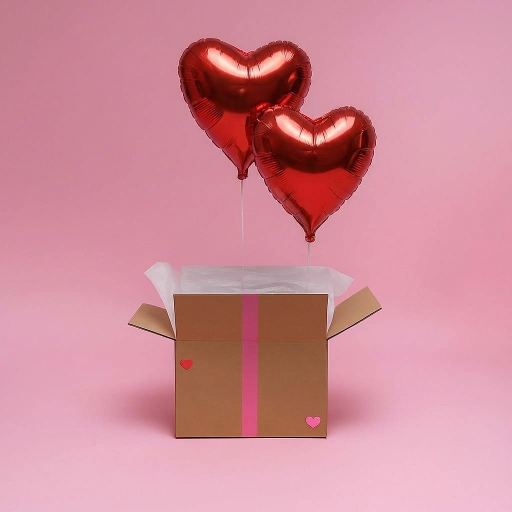 Duo de ballons cœur rouges flottant au-dessus d’une boîte cadeau décorée, fond rose pastel