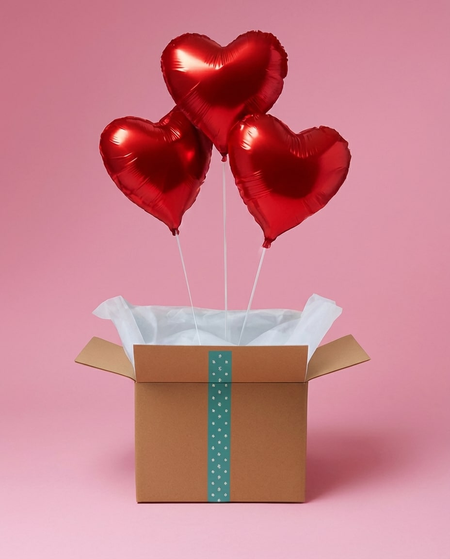 Box cadeau ouverte avec trois ballons cœur rouges flottants, mise en scène sur fond rose.