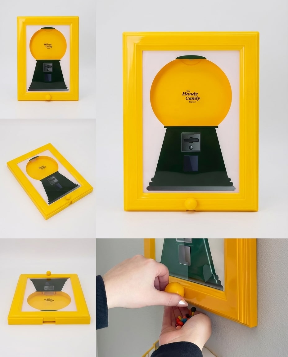 Cadre distributeur de bonbons vu de profil montrant la profondeur