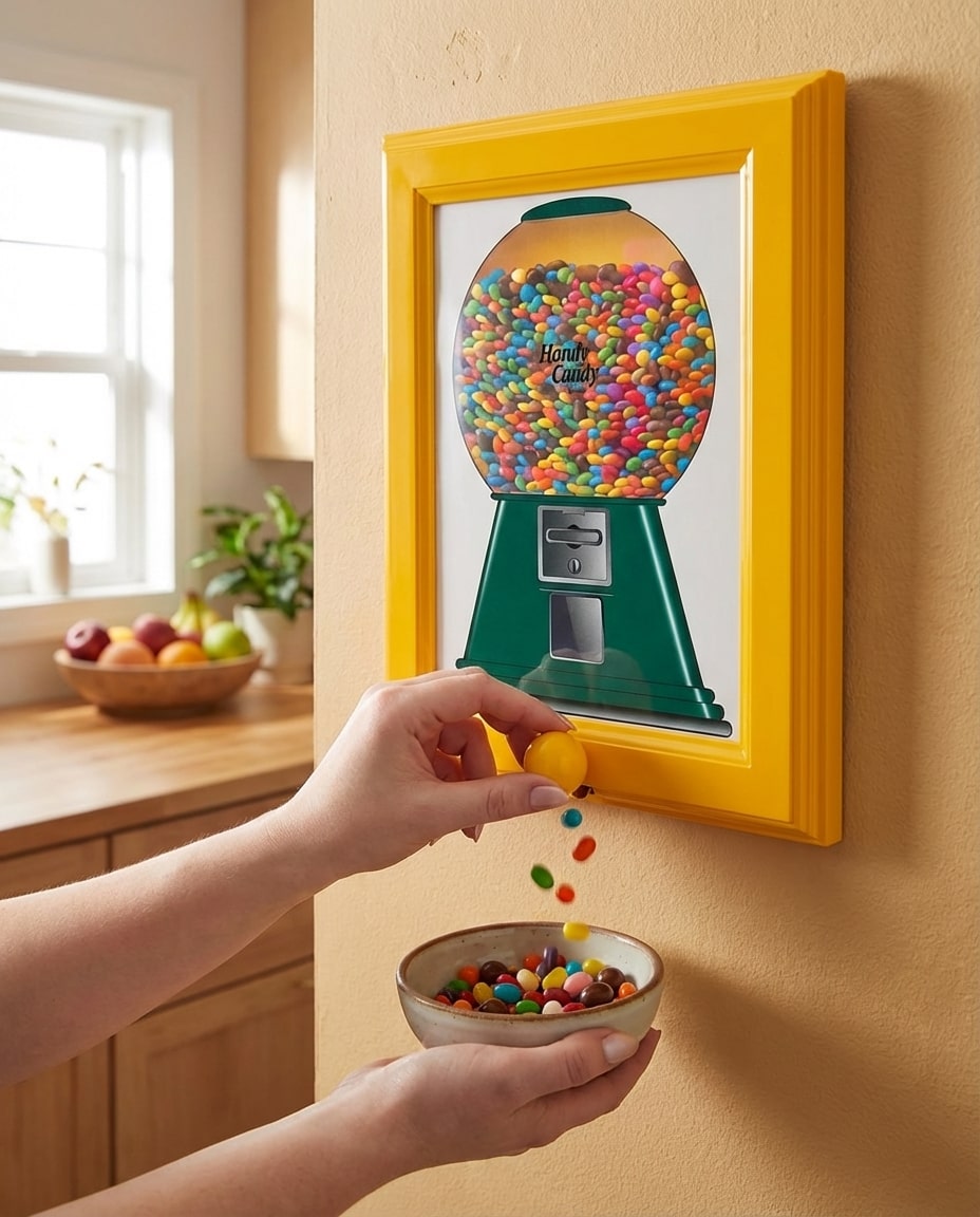 Main récupérant des bonbons depuis le cadre distributeur mural