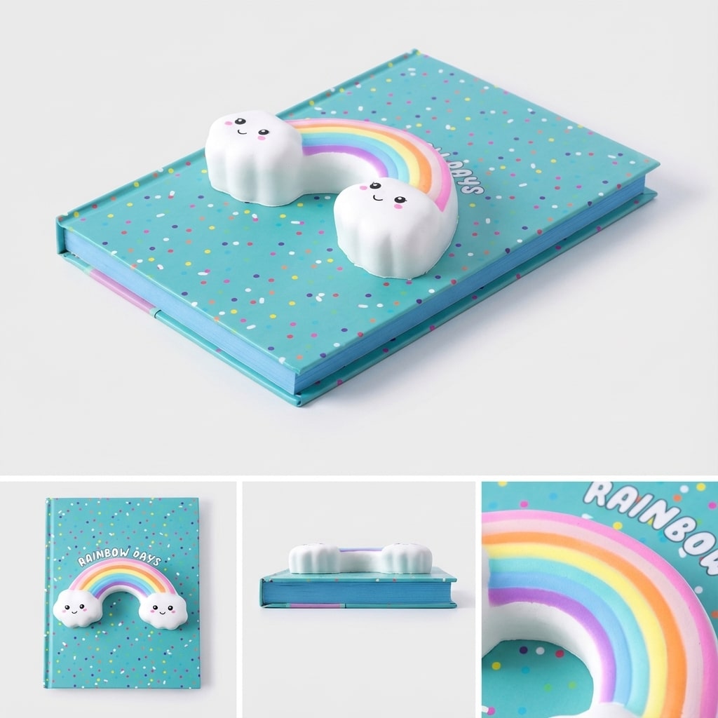 Cahier A5 arc-en-ciel avec figurine squishy kawaii intégrée