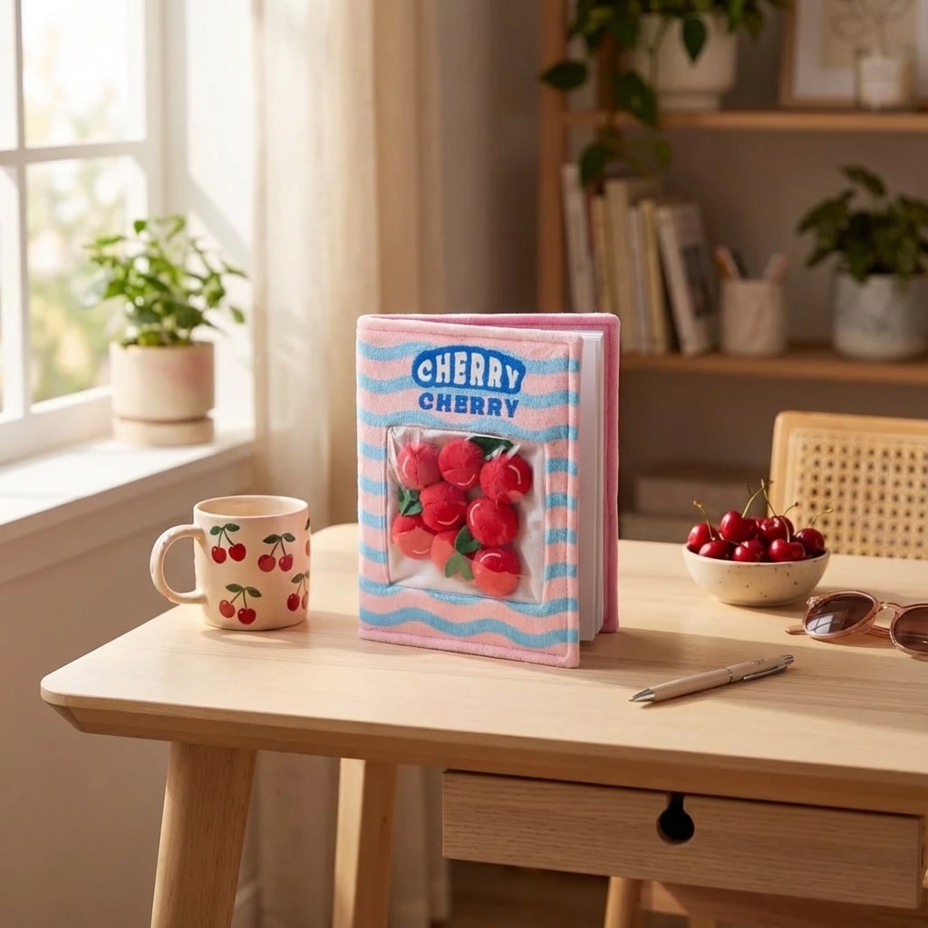 Détail de la couverture velboa rose du carnet cerise doux au toucher