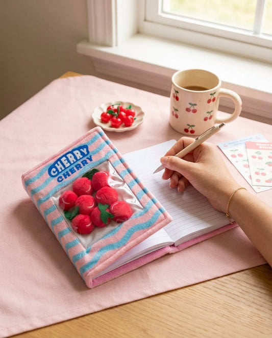 Motif cerises kawaii sur carnet rose – papeterie originale et mignonne