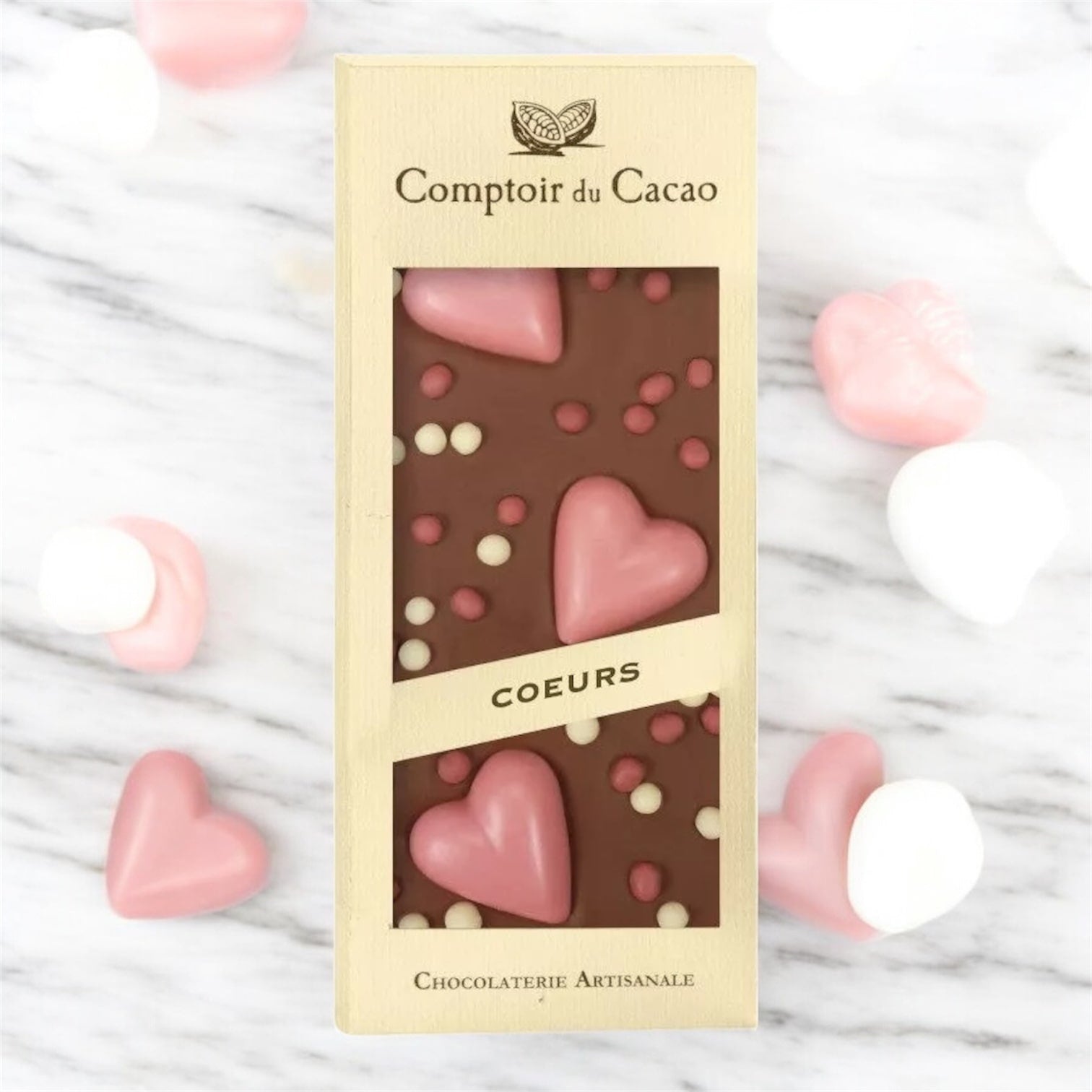 Tablette de chocolat au lait avec cœurs roses – Comptoir du Cacao – 90 g