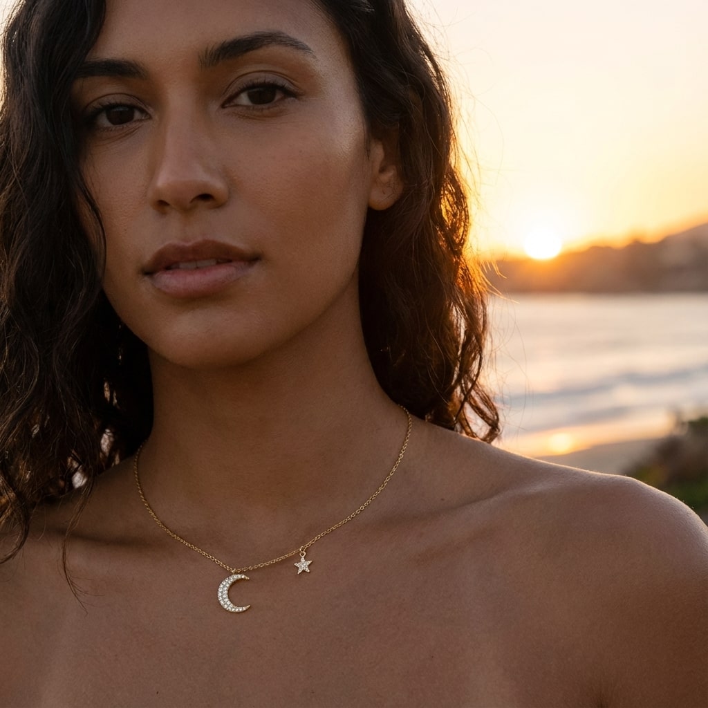 Collier lune et étoile en or porté par une femme, bijou délicat et lumineux, idéal comme cadeau symbolique et raffiné