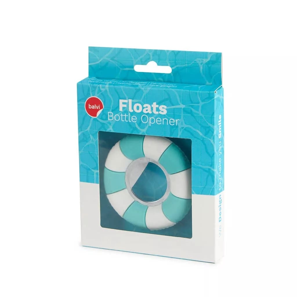 Décapsuleur flottant turquoise intégré dans une box cadeau surprise