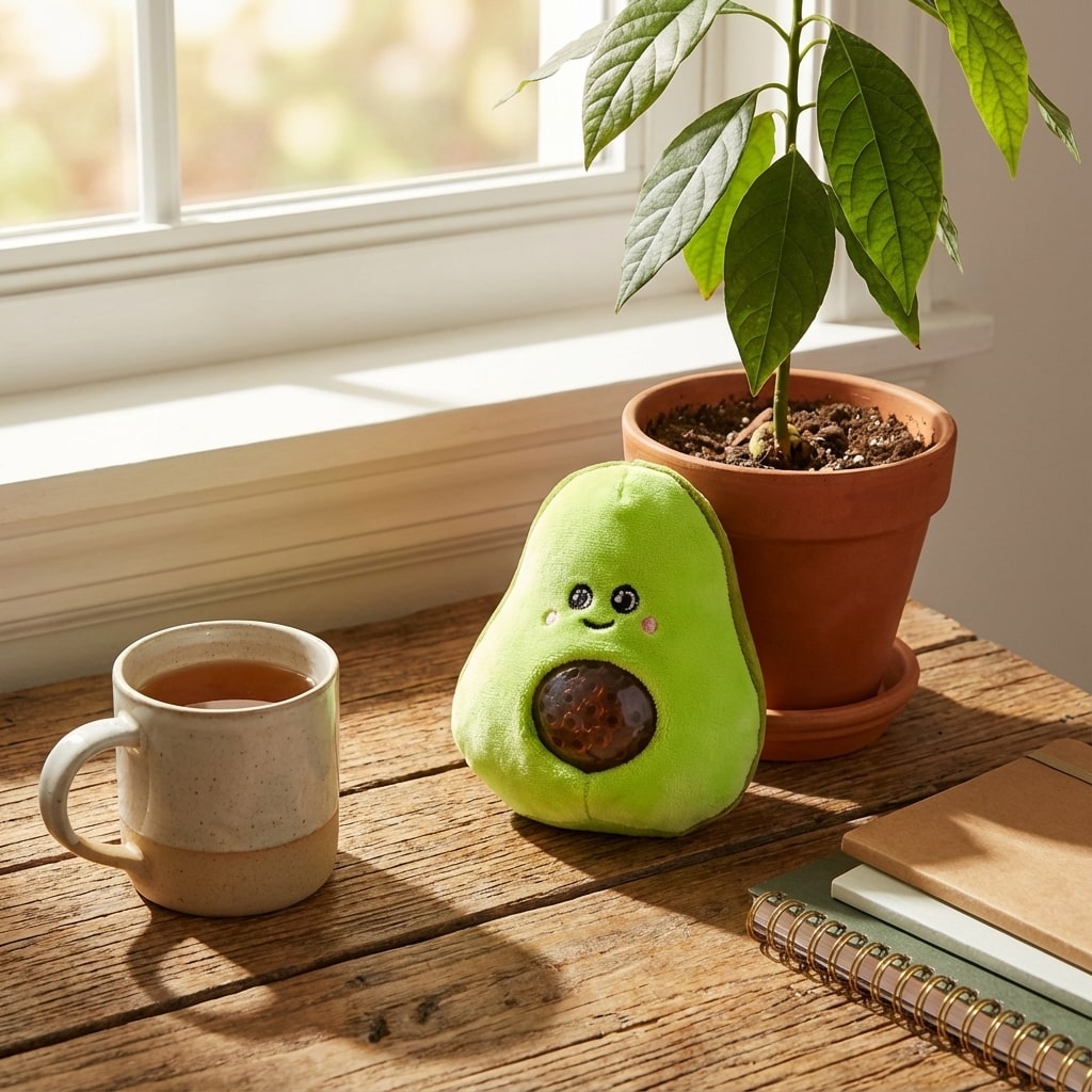 Jouet peluche avocat avec noyau transparent rempli de perles anti-stress