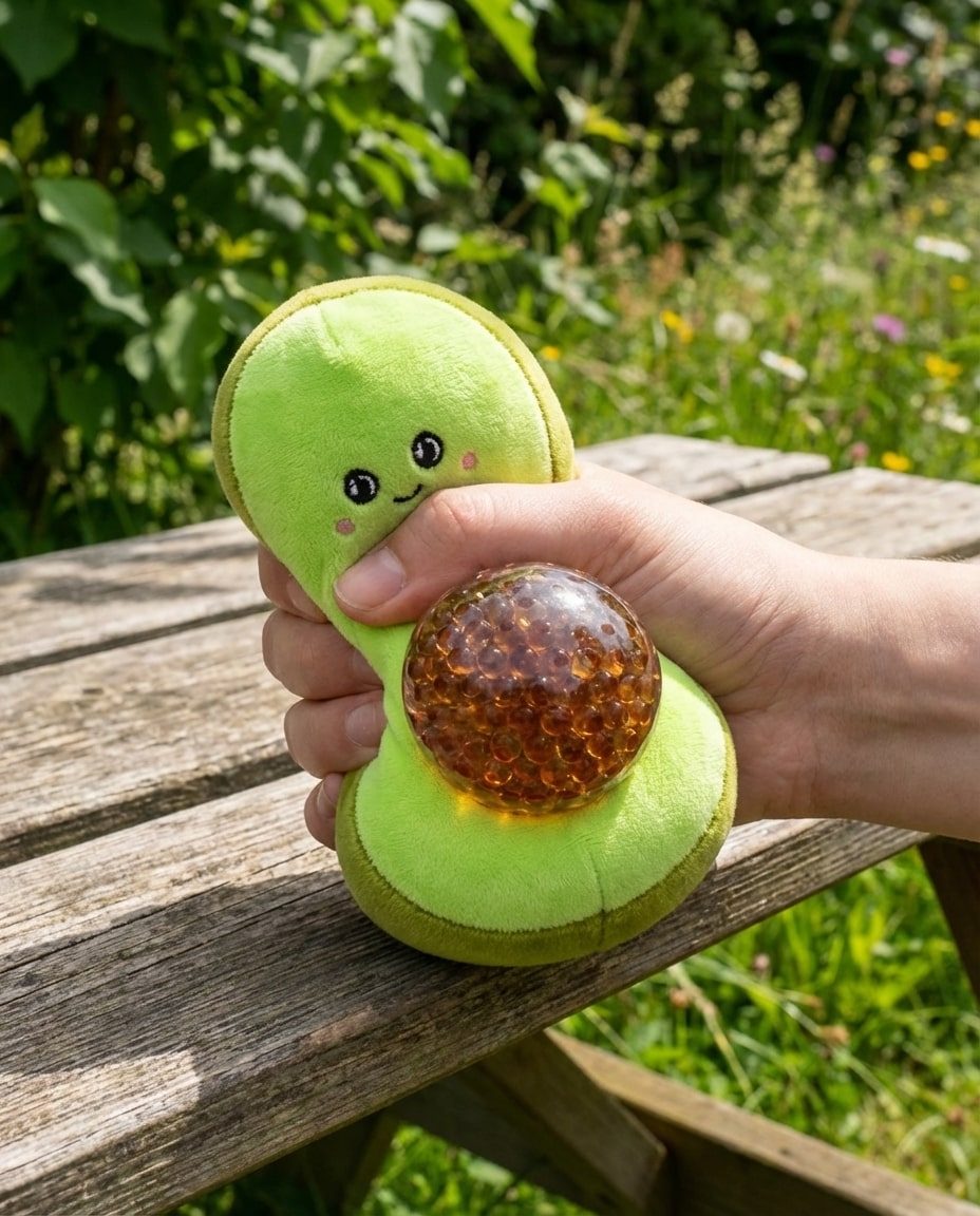 Jouet anti-stress avocat vu de face avec expression kawaii