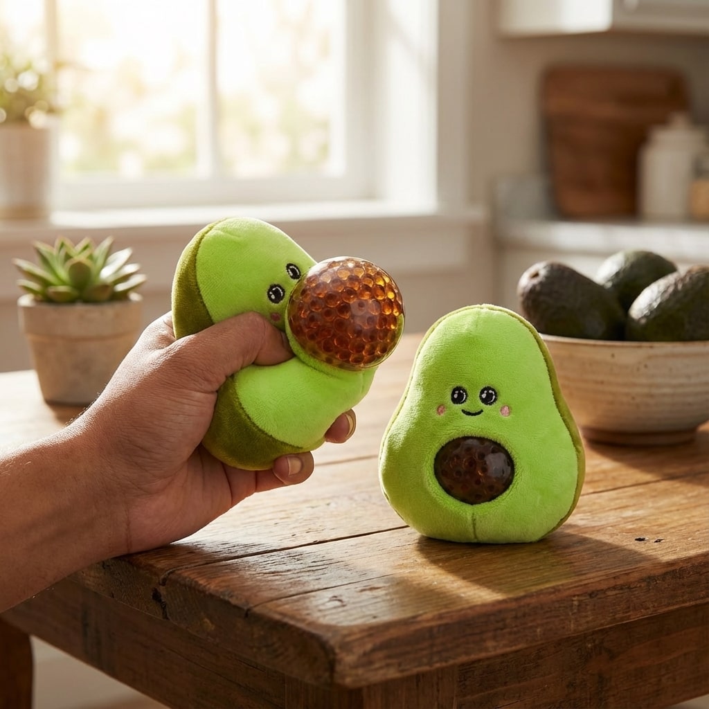 Jouet peluche avocat anti-stress vu de profil avec noyau en perles