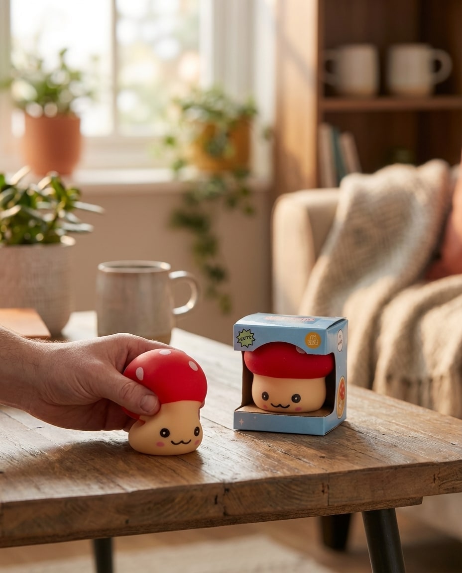 Squishy champignon anti-stress en présentation.