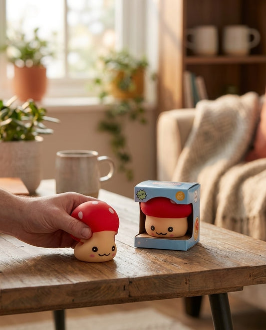 Squishy champignon anti-stress en présentation.