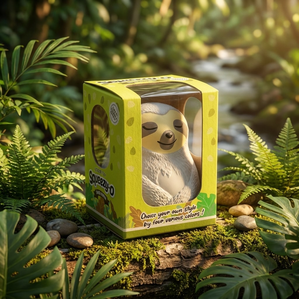 Jouet anti-stress paresseux gris dans son emballage Squeezy-O